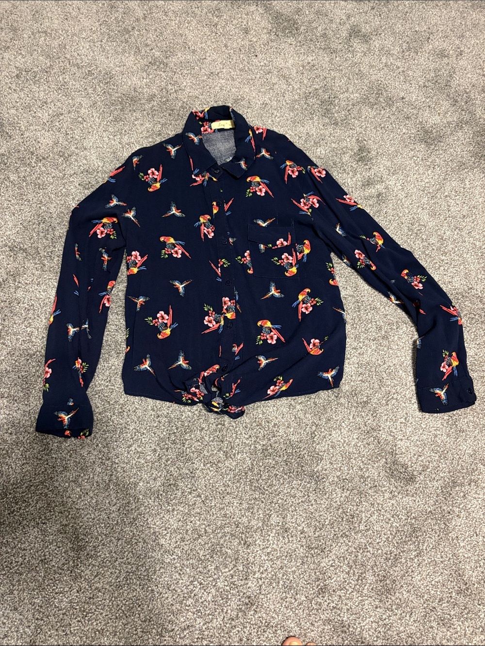 Love Notes Navy Button-Down with Pink & Yellow Bird Floral Print